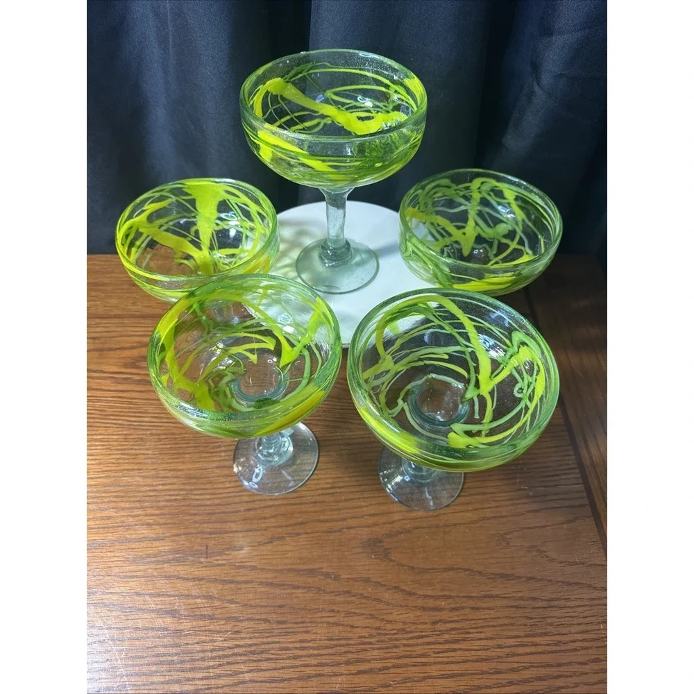 4 Margarita Glasses Hand Blown Recycled Mexican Yellow & Green Drizzle 6.5 